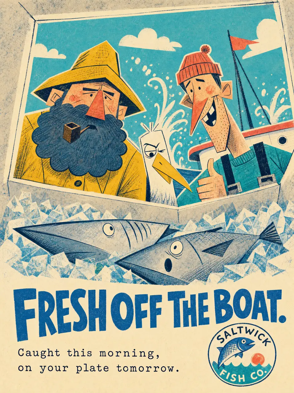 Illustrated poster for a fish company: two fishermen and a seagull with fresh fish