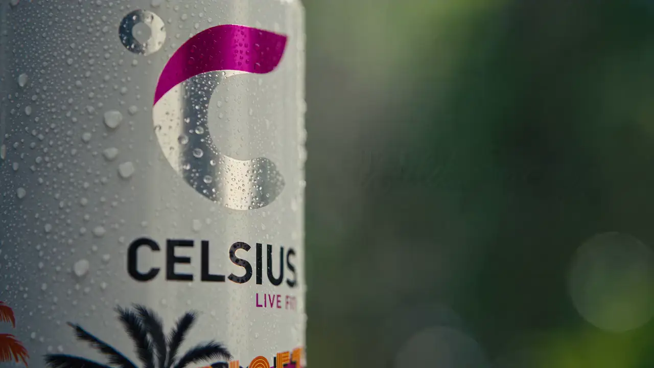 Product advert: an energy drink can beaded with condensation