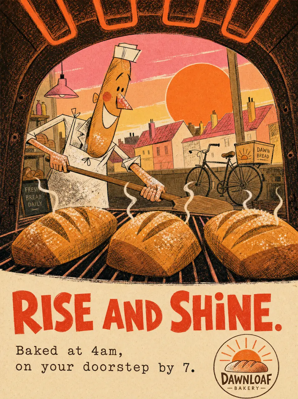 Illustrated poster for a bakery: a baker taking bread from the oven at sunrise