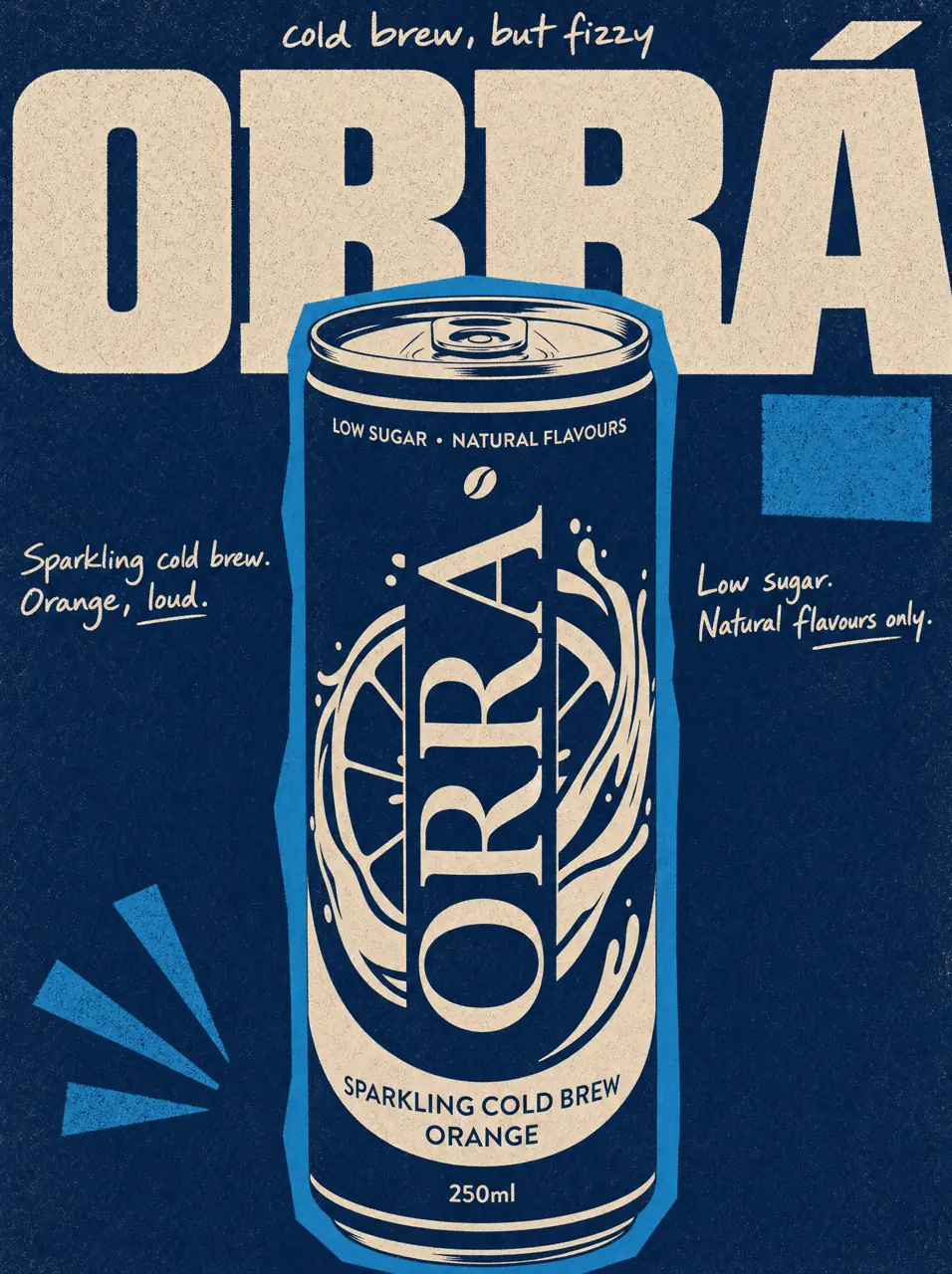 Illustrated poster for a sparkling cold brew: a navy can under a huge cream name