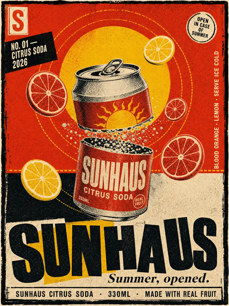 Illustrated poster for a citrus soda: an opening can with orange and lemon slices