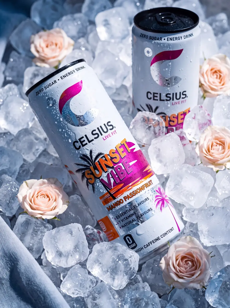 Product shot: energy drink cans on ice with pale roses
