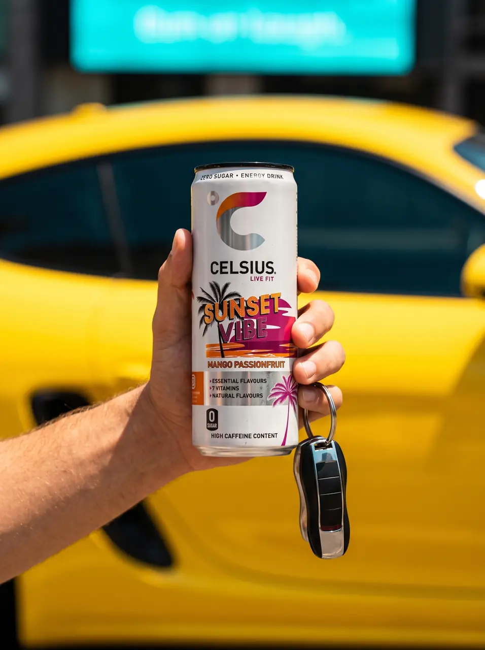 Product shot: an energy drink can held in front of a yellow sports car