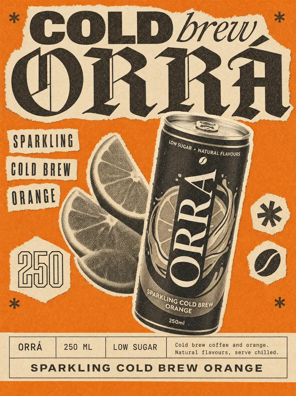 Collage poster for an orange cold brew: a halftone can and orange slices on orange paper